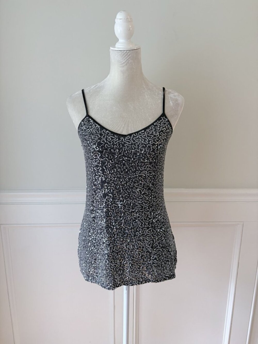 Express Womens Black & Silver Sequin Adjustable Strap Tank Top S
